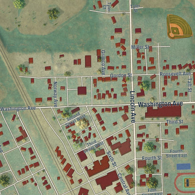 Close-up of the map of Finley, North Dakota print showing street and building detail