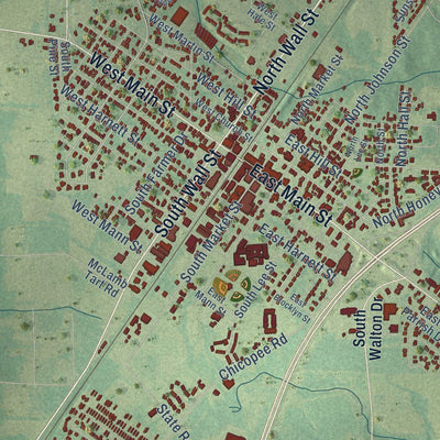 Close-up of the map of Benson, North Carolina print showing street and building detail