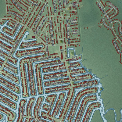 Close-up of the map of Mystic Island, New Jersey print showing street and building detail