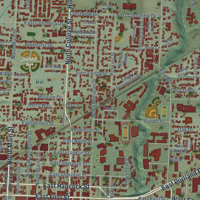 Close-up of the map of Newberg, Oregon print showing street and building detail