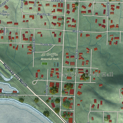 Close-up of the map of Bay City, Oregon print showing street and building detail