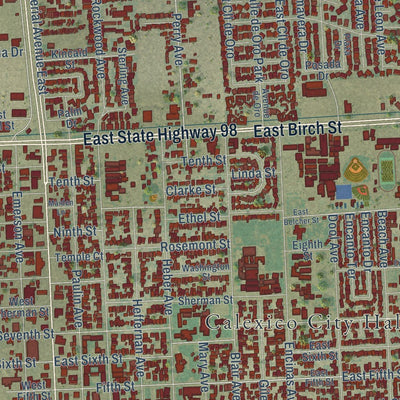 Close-up of the map of Calexico, California print showing street and building detail