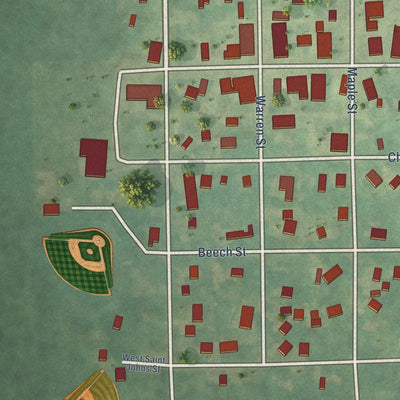 Close-up of the map of Freeport, Michigan print showing street and building detail