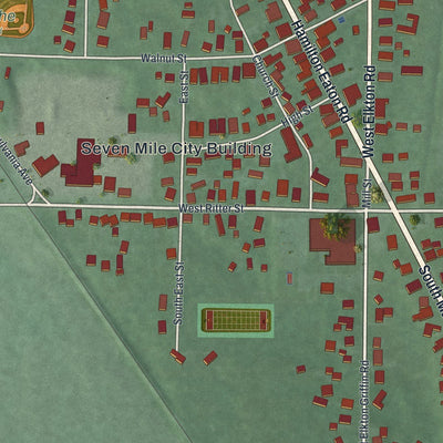 Close-up of the map of Seven Mile, Ohio print showing street and building detail