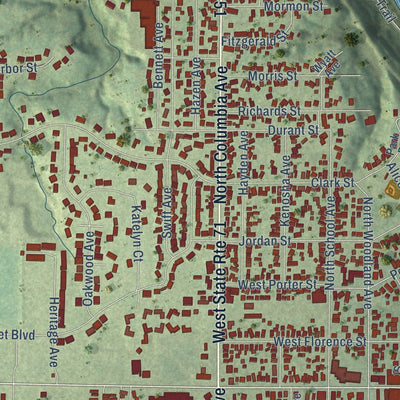 Close-up of the map of Oglesby, Illinois print showing street and building detail