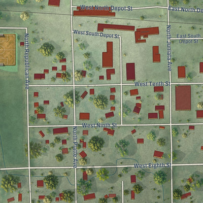 Close-up of the map of Juniata, Nebraska print showing street and building detail