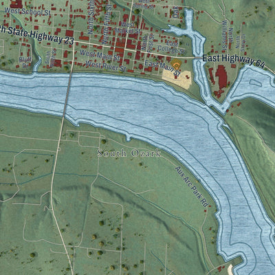 Close-up of the map of Ozark, Arkansas print showing street and building detail