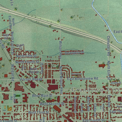 Close-up of the map of Grandview, Washington print showing street and building detail