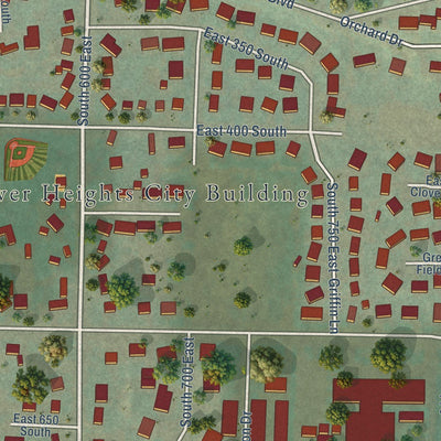 Close-up of the map of River Heights, Utah print showing street and building detail