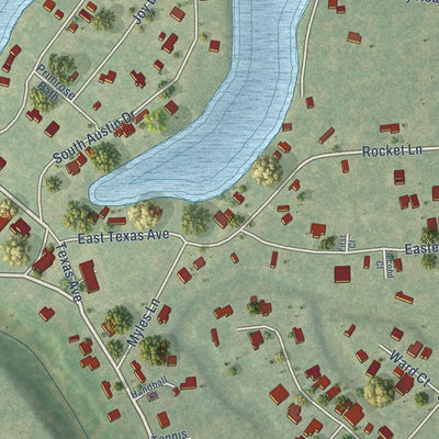 Close-up of the map of Holiday Lakes, Texas print showing street and building detail