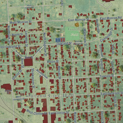 Close-up of the map of Durand, Michigan print showing street and building detail