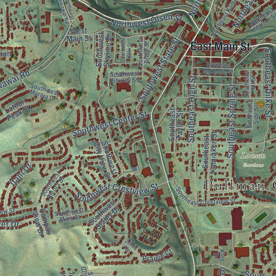 Close-up of the map of Pullman, Washington print showing street and building detail