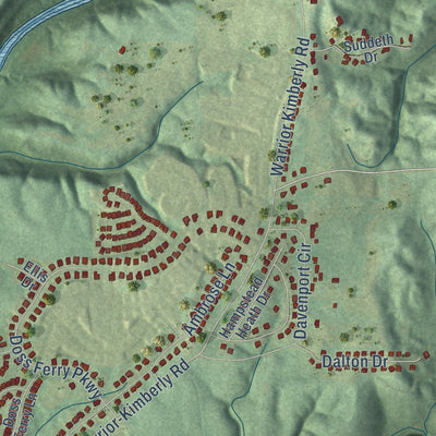 Close-up of the map of Kimberly, Alabama print showing street and building detail
