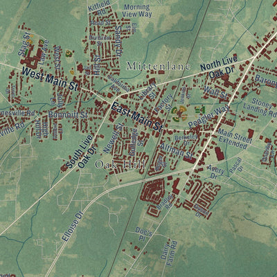 Close-up of the map of Moncks Corner, South Carolina print showing street and building detail