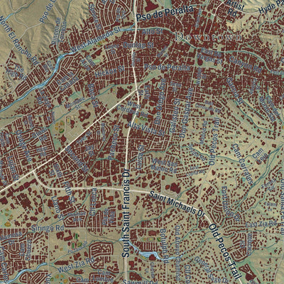 Close-up of the map of Santa Fe, New Mexico print showing street and building detail