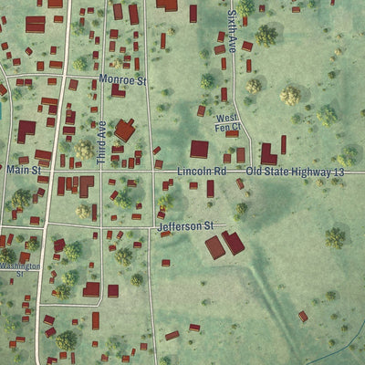 Close-up of the map of Pittsville, Wisconsin print showing street and building detail