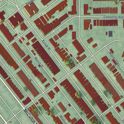 Close-up of the map of Reservoir Hill, Maryland print showing street and building detail