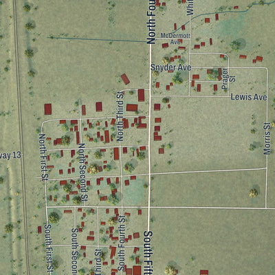 Close-up of the map of Rock River, Wyoming print showing street and building detail