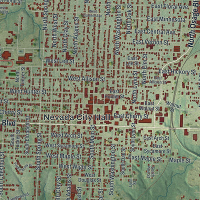 Close-up of the map of Nevada, Missouri print showing street and building detail