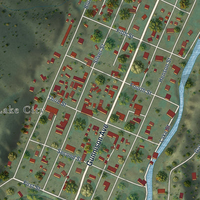Close-up of the map of Lake City, Colorado print showing street and building detail