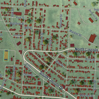 Close-up of the map of Hancock, Michigan print showing street and building detail