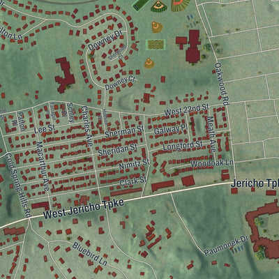 Close-up of the map of West Hills, New York print showing street and building detail