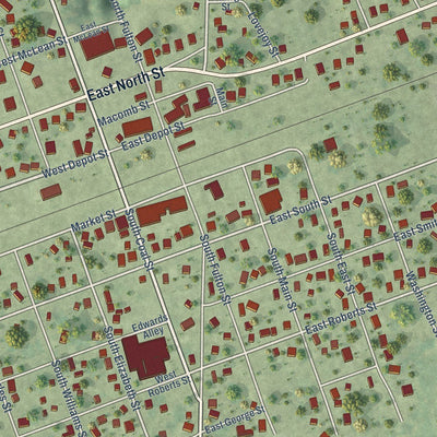 Close-up of the map of Colchester, Illinois print showing street and building detail
