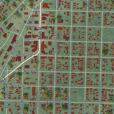 Close-up of the map of Three Forks, Montana print showing street and building detail