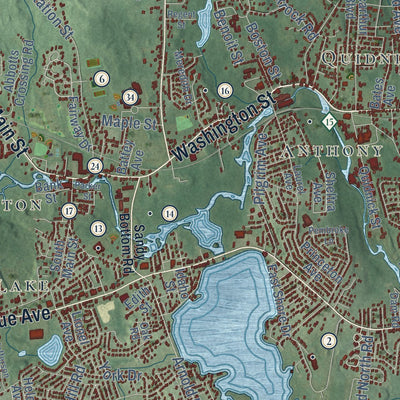 Close-up of the map of Coventry, Rhode Island print showing street and building detail