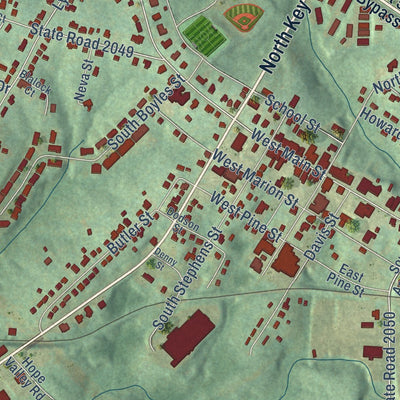 Close-up of the map of Pilot Mountain, North Carolina print showing street and building detail