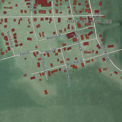 Close-up of the map of Ostrander, Ohio print showing street and building detail