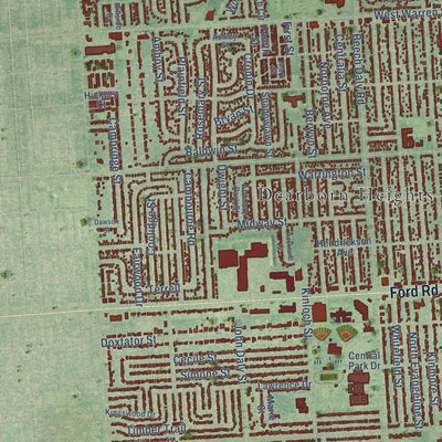 Close-up of the map of Dearborn Heights, Michigan print showing street and building detail