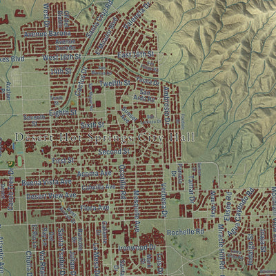 Close-up of the map of Desert Hot Springs, California print showing street and building detail