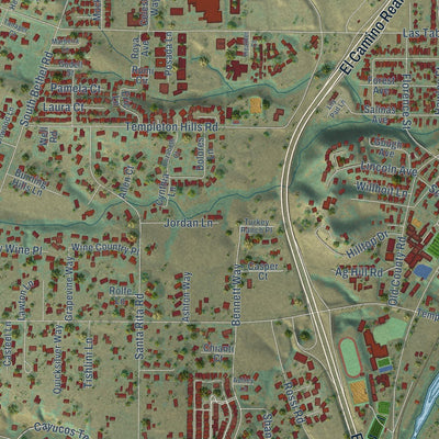 Close-up of the map of Templeton, California print showing street and building detail