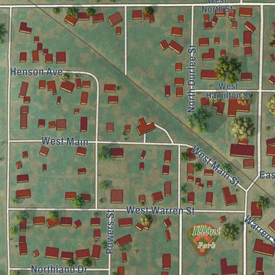 Close-up of the map of Warrensburg, Illinois print showing street and building detail