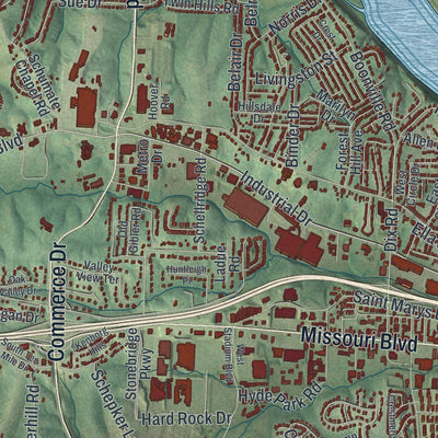 Close-up of the map of Jefferson City, Missouri print showing street and building detail