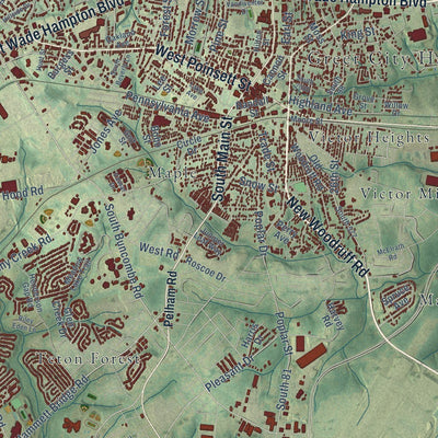 Close-up of the map of Greer, South Carolina print showing street and building detail