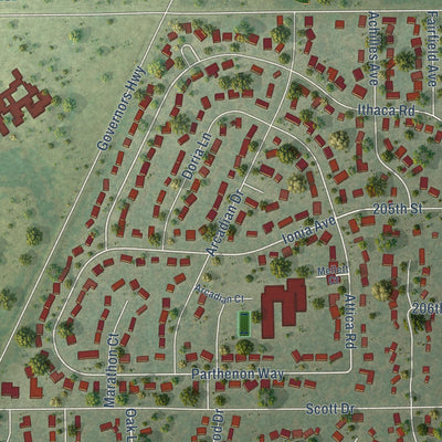 Close-up of the map of Olympia Fields, Illinois print showing street and building detail