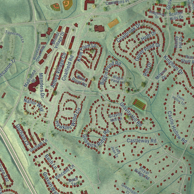 Close-up of the map of Midlothian, Virginia print showing street and building detail
