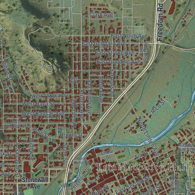 Close-up of the map of Trinidad, Colorado print showing street and building detail