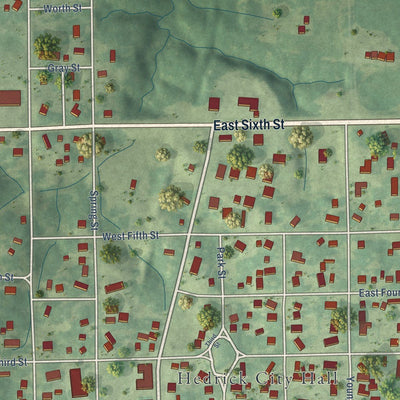 Close-up of the map of Hedrick, Iowa print showing street and building detail