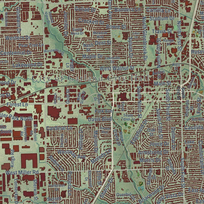 Close-up of the map of Garland, Texas print showing street and building detail