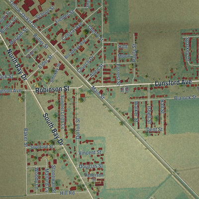Close-up of the map of Bay, Arkansas print showing street and building detail