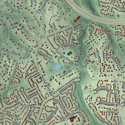 Close-up of the map of Wolf Trap, Virginia print showing street and building detail