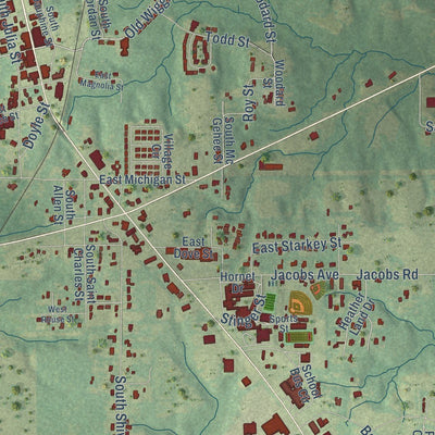 Close-up of the map of Poplarville, Mississippi print showing street and building detail