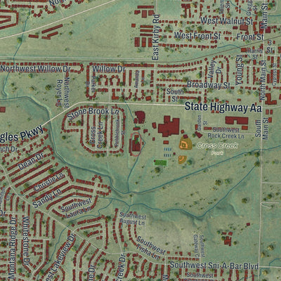 Close-up of the map of Grain Valley, Missouri print showing street and building detail