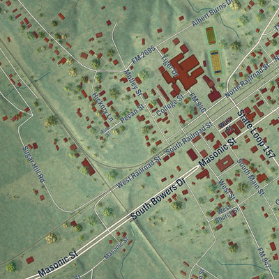 Close-up of the map of Tenaha, Texas print showing street and building detail