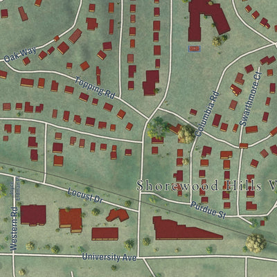 Close-up of the map of Shorewood Hills, Wisconsin print showing street and building detail