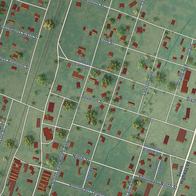 Close-up of the map of Kiowa, Oklahoma print showing street and building detail