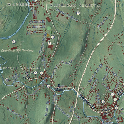 Close-up of the map of Plainfield, Connecticut print showing street and building detail